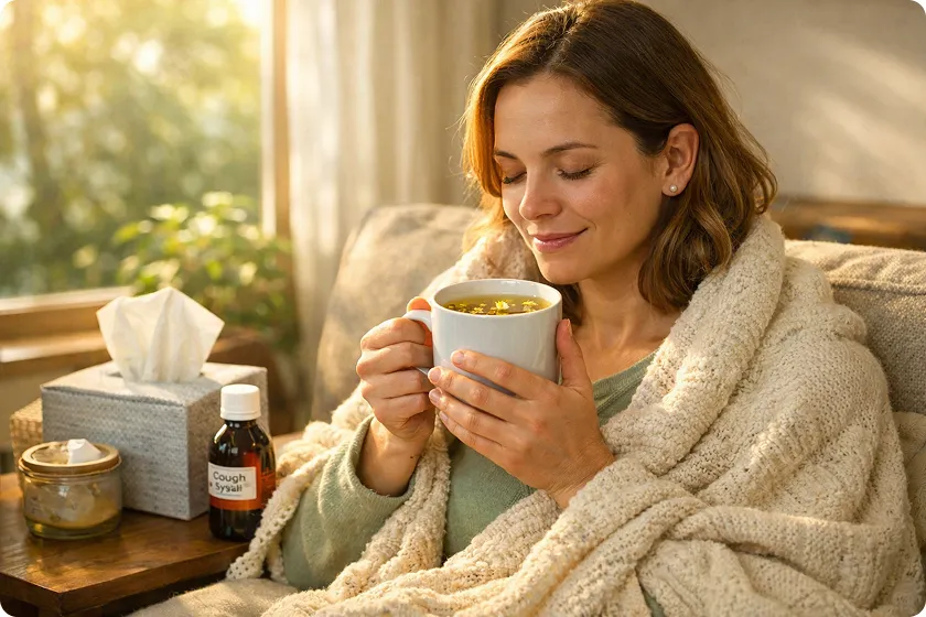 Relaxing moment with woman enjoying a cup of mullein tea, perfect for cough relief.