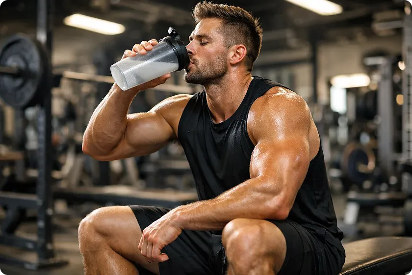 Man drinking creatine shake in gym, highlighting optimal time to take creatine post-workout.