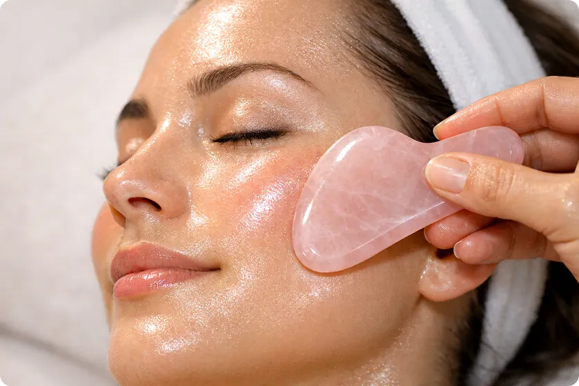 Close-up of a woman enjoying gua sha facial treatment for jawline