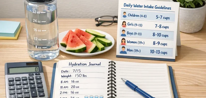 Daily water intake chart with a water bottle and fruit snacks. Secondary keyword: How many bottles of water should I drink a day.