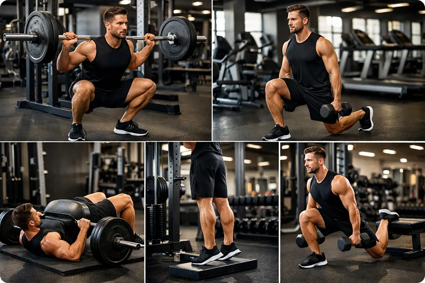 Man doing leg day exercises with barbell and dumbbells for leg strength.