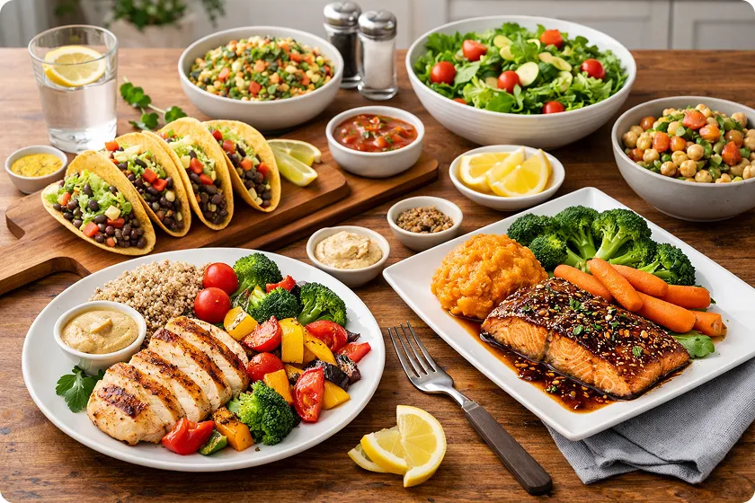 Grilled salmon with vegetables and rice on a dinner table for a family.