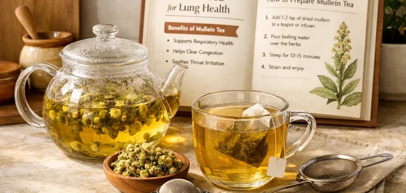 Teapot and cup of mullein tea, showing benefits for lung health and congestion.