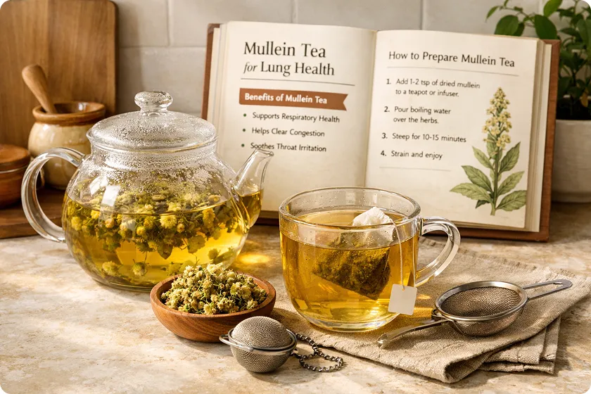Teapot and cup of mullein tea, showing benefits for lung health and congestion.