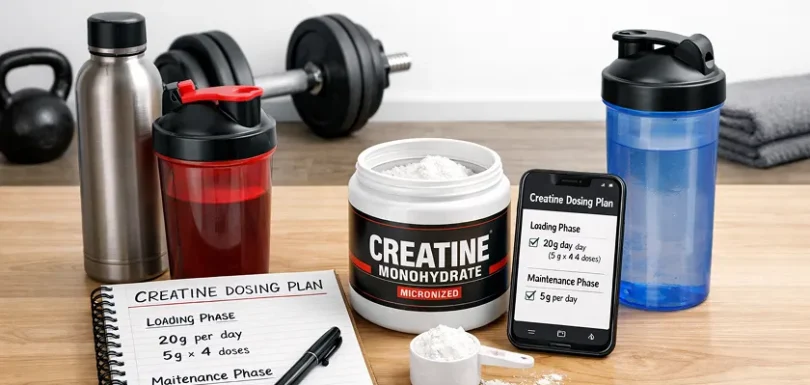Creatine dosing plan shown with shaker bottles, tracking optimal time for creatine intake.