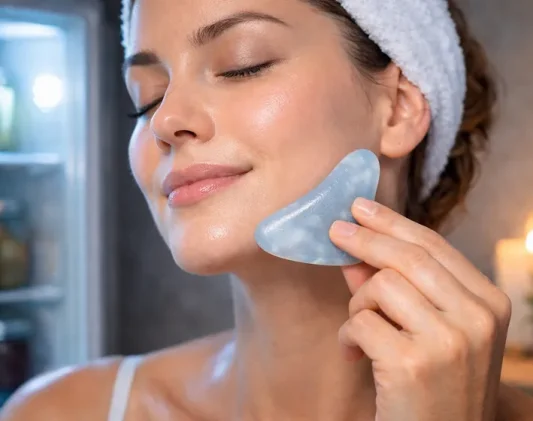 Woman using a blue gua sha tool for facial massage