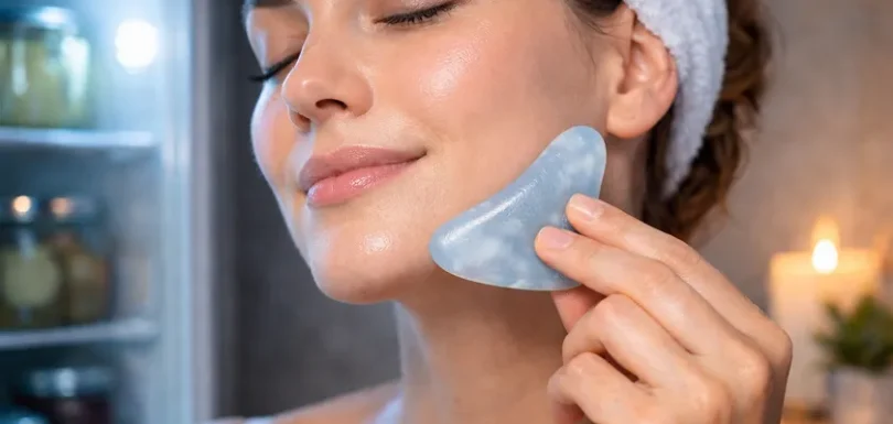 Woman using a blue gua sha tool for facial massage