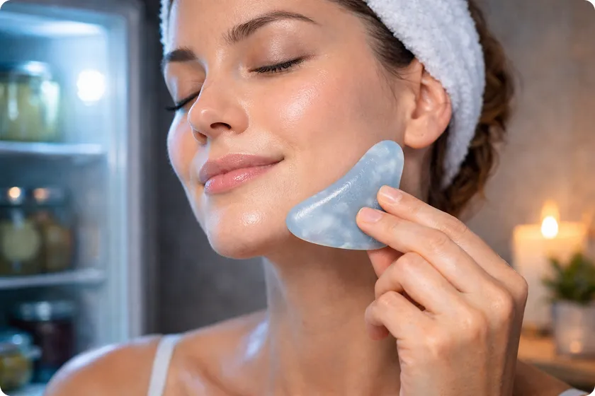Woman using a blue gua sha tool for facial massage