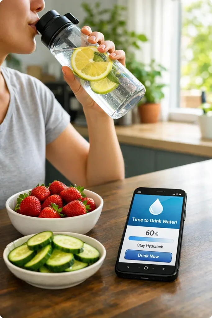 Hydration reminder on a phone with fresh fruit, showing the importance of regular water intake. Secondary keyword: How much water should woman drink a day.