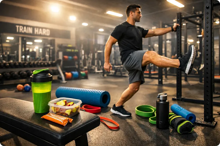 Man stretching during leg day exercises to enhance leg muscle flexibility.