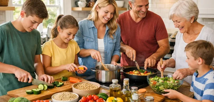 Family cooking healthy dinner in the kitchen with fresh vegetables and grains.