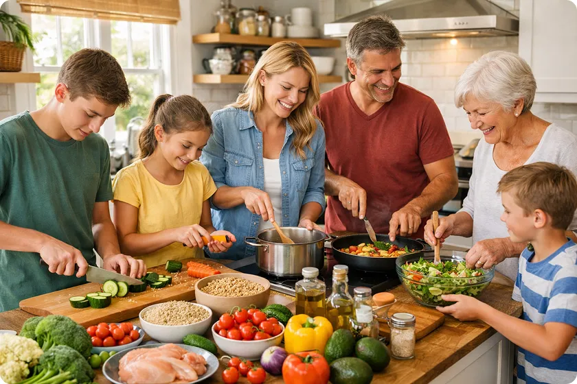 Family cooking healthy dinner in the kitchen with fresh vegetables and grains.