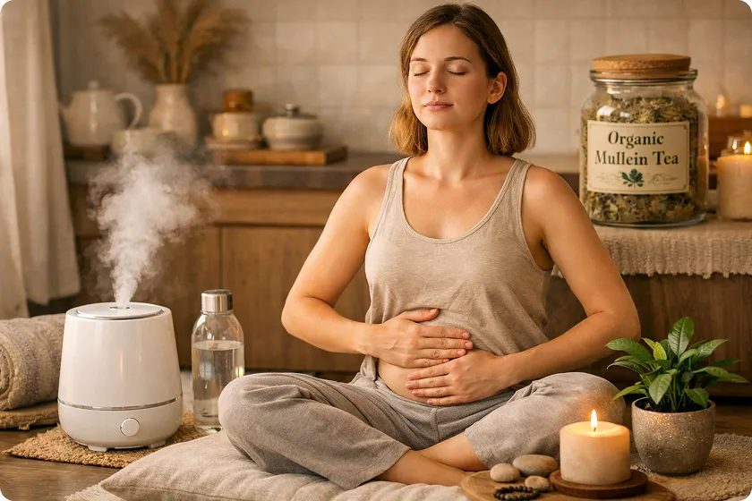 Person practicing mindfulness with organic mullein tea, promoting respiratory health.