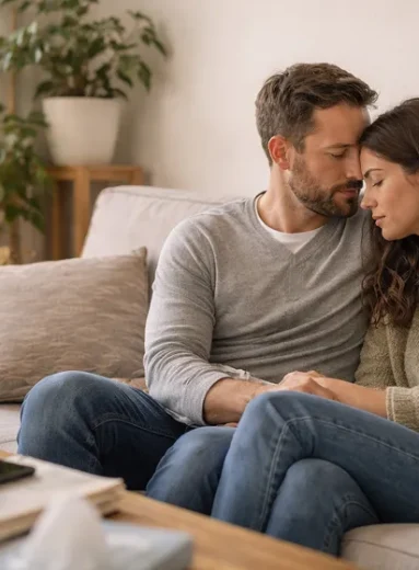 A couple sitting on the couch, comforting each other, with the wife feeling supported.