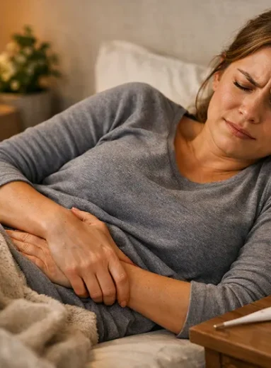 Woman in bed, suffering from constipation-induced fever and nausea, feeling unwell.