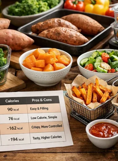 Sweet potato fries and salad with dipping sauces, offering healthy potatoes for weight loss.