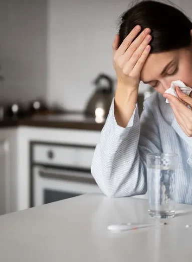 Woman managing sinus infection with sinus pressure after flu relief