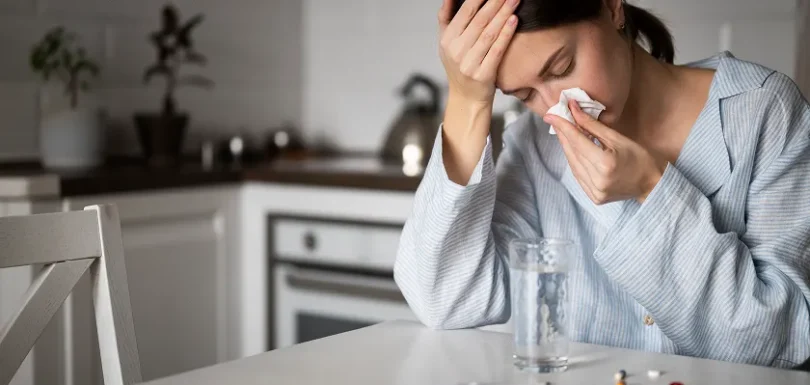 Woman managing sinus infection with sinus pressure after flu relief