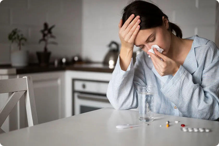Woman managing sinus infection with sinus pressure after flu relief