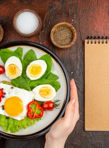 High fiber dinner with eggs and fresh vegetables for toddlers