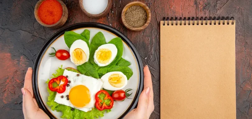 High fiber dinner with eggs and fresh vegetables for toddlers