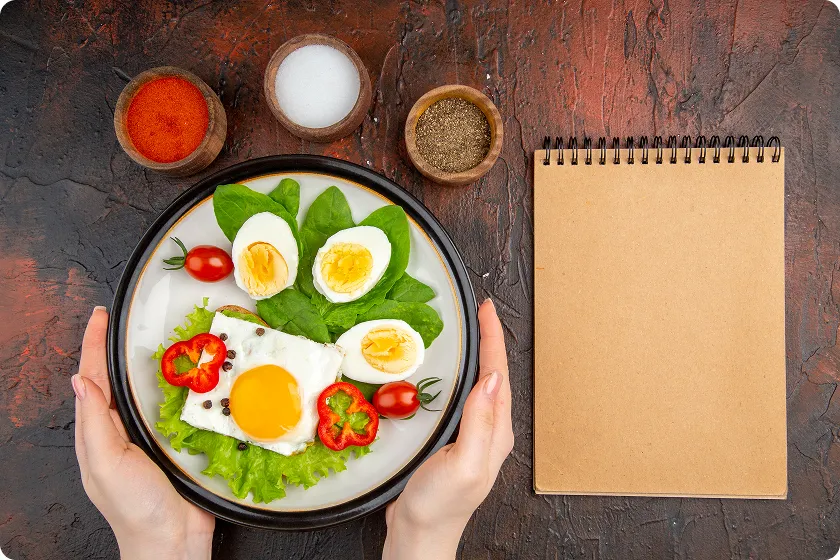 High fiber dinner with eggs and fresh vegetables for toddlers