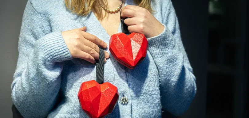 Person holding red heart models to explain heart numbers and what they mean.