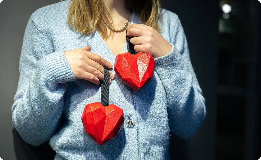 Person holding red heart models to explain heart numbers and what they mean.