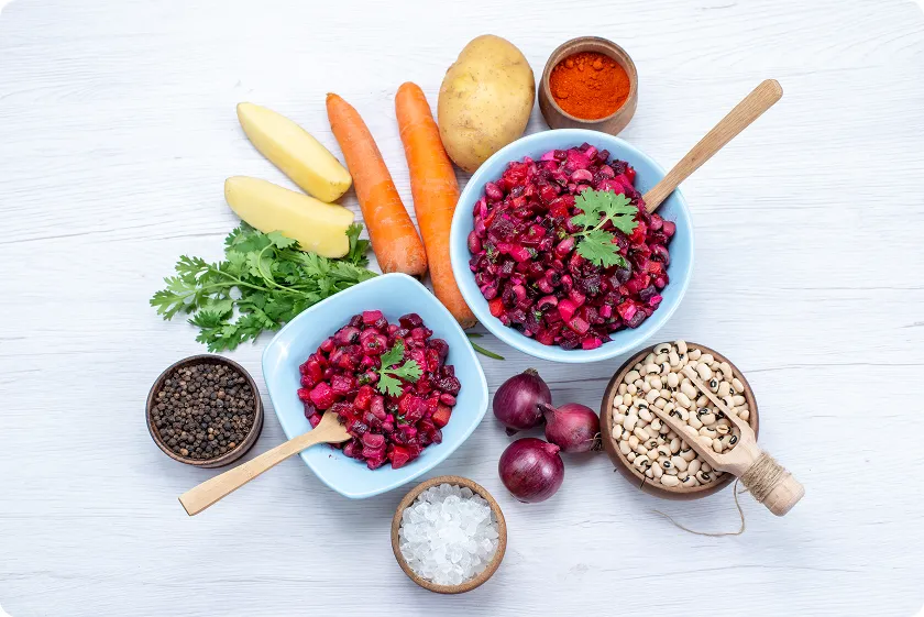 High fiber meal ideas with beet salad, carrots, and beans
