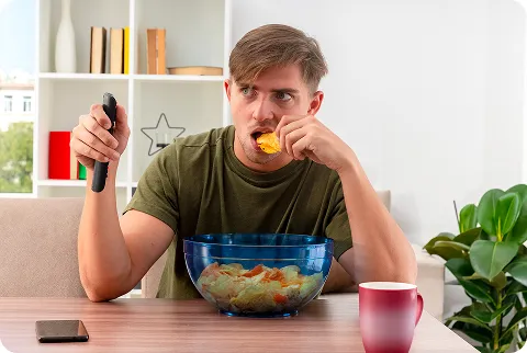 Man snacking chips instead of keto diet with protein shakes options