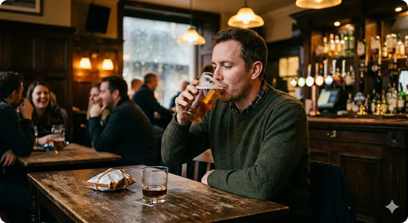 Man drinking beer in pub, asking how much alcohol is excessive