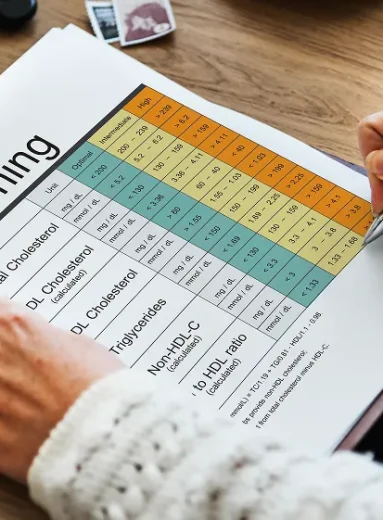 Person reviewing medical screening chart with statin potency chart and dosage insights.