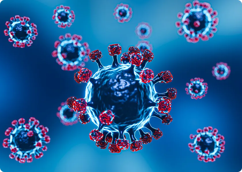Digital virus particles showing norovirus first symptoms and rapid spread