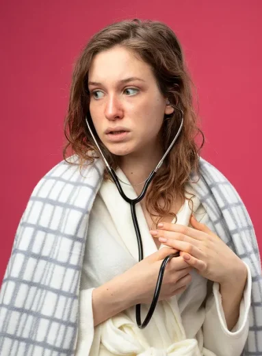 A worried woman holding a stethoscope to check for signs of heart failure in women.
