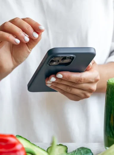 Person holding a smartphone near healthy food during a social media detox.