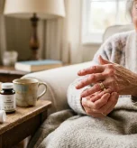 Senior woman massaging a hand to soothe arthritis in finger joints and stiffness.