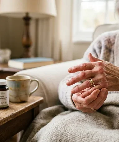 Senior woman massaging a hand to soothe arthritis in finger joints and stiffness.