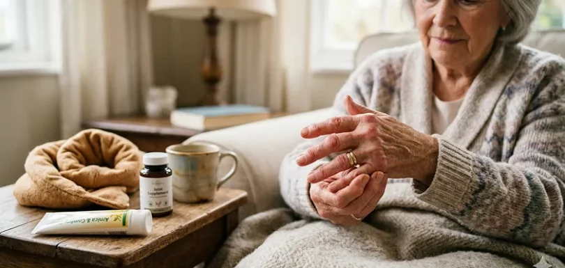 Senior woman massaging a hand to soothe arthritis in finger joints and stiffness.