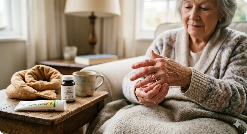 Senior woman massaging a hand to soothe arthritis in finger joints and stiffness.