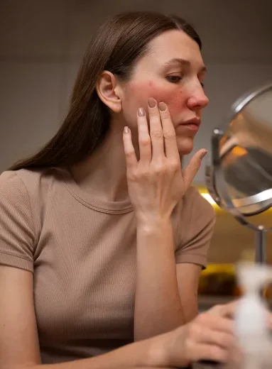 A woman looks in the mirror assessing a facial butterfly rash related to lupus life expectancy.
