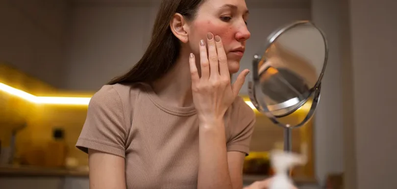 A woman looks in the mirror assessing a facial butterfly rash related to lupus life expectancy.