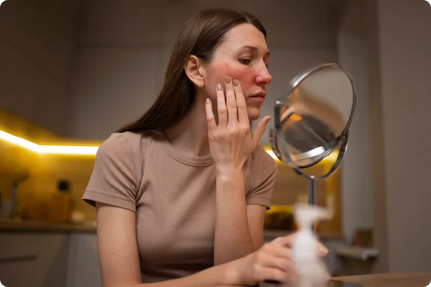 A woman looks in the mirror assessing a facial butterfly rash related to lupus life expectancy.