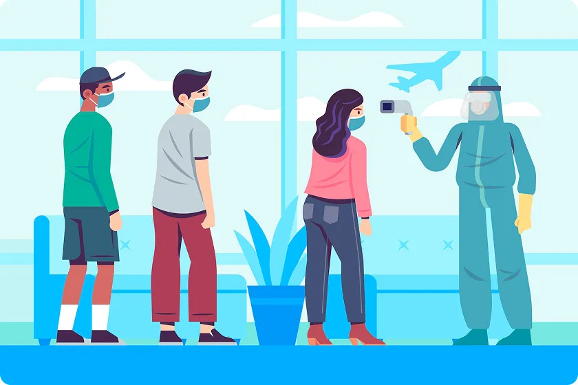Masked travelers checked while harmful microorganisms raise infection vs disease risks.