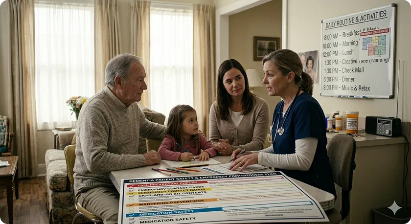 Family consulting a nurse about daily routine for early dementia using safety and activity charts.