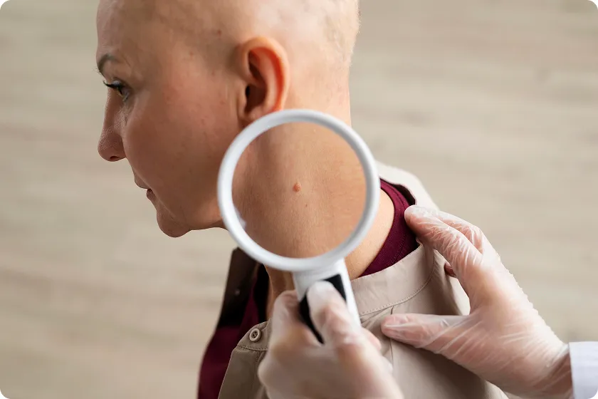 Medical professional using a magnifying glass to scan skin cancer spread symptoms.