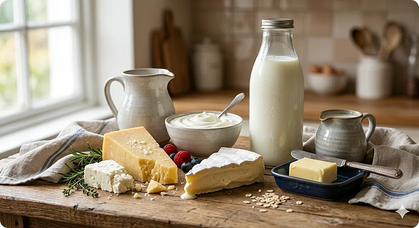 Assorted cheese and milk, which are frequently foods which cause constipation for many.