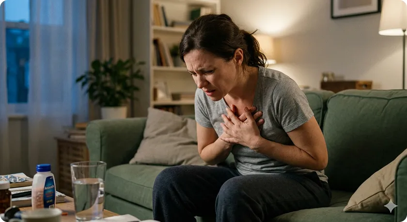 Woman clutching chest during gerd flare up seeking gerd relief