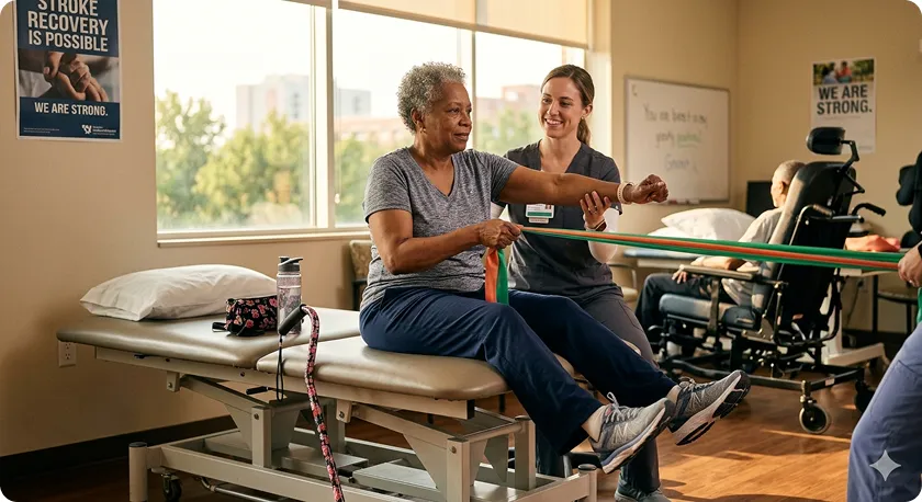 Therapist guides stroke recovery exercises for stroke symptoms in women