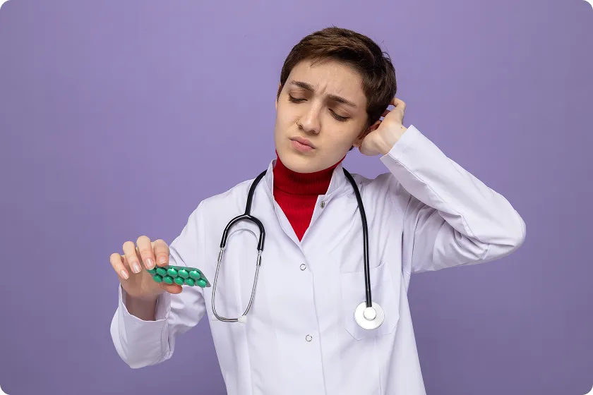 Confused doctor examining green pills considering high intensity statins and patient safety.