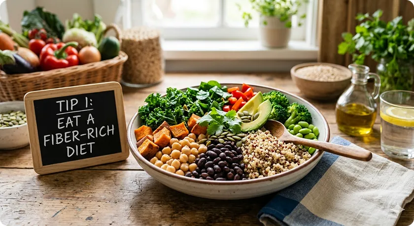A healthy grain bowl illustrating a fiber rich diet for constipation relief.